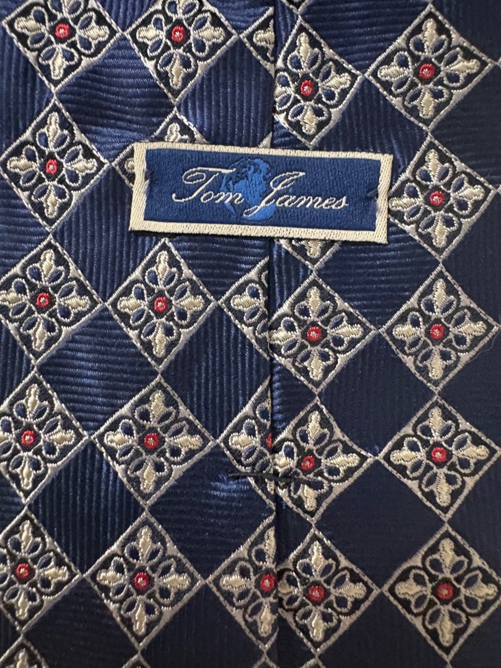 Tom James Blue Geometric Silk Tie 3.5" Width Made in USA Luxury Silk